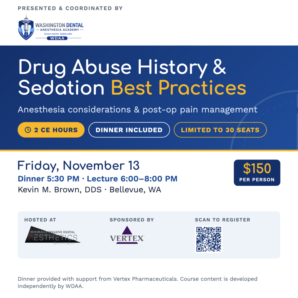 Drug Abuse History & Sedation Best Practices course flyer, November 13, 2026